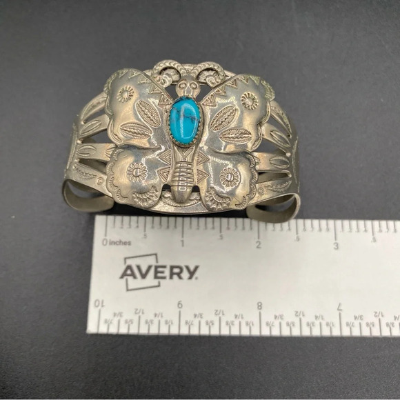 Vintage Southwest Style Silver Butterfly and Turquoise Wide Cuff Bracelet - Picture 8 of 12